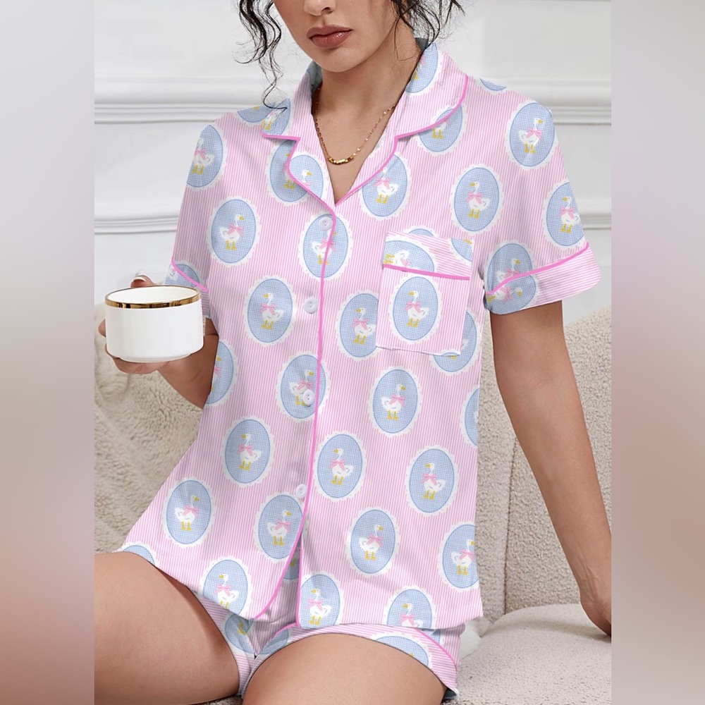 Pink Short Sleeve Swan Bowknot Oval Vintage Print Lounge Pajama Set New - Picture 5 of 13